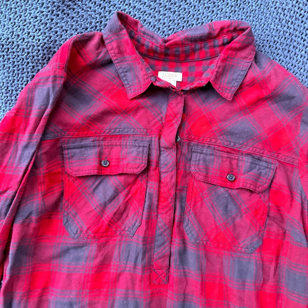 J. CREW Womens Flannel Pullover Shirt Dress Large Red‎ Blue Check Plaid Cotton